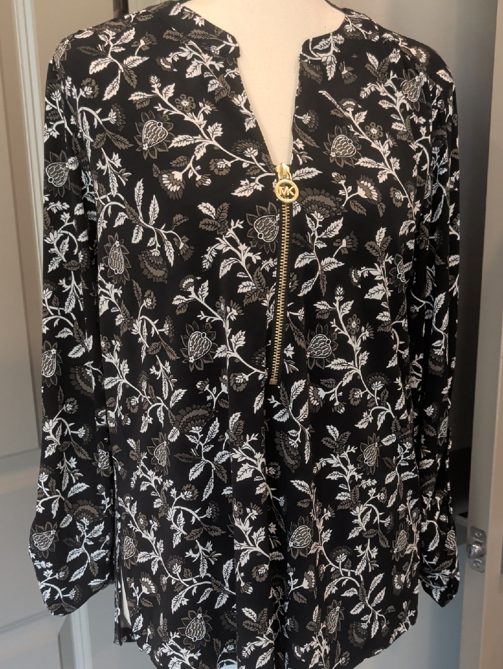 Michael Kors Black and White Floral Zip-Front Top